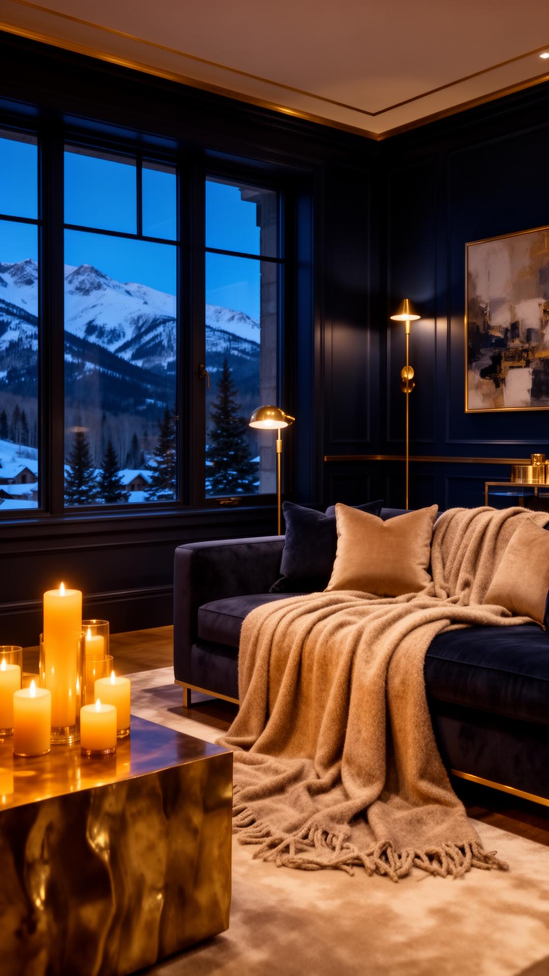 A luxury Aspen estate interior at dusk, candlelit with cashmere throws